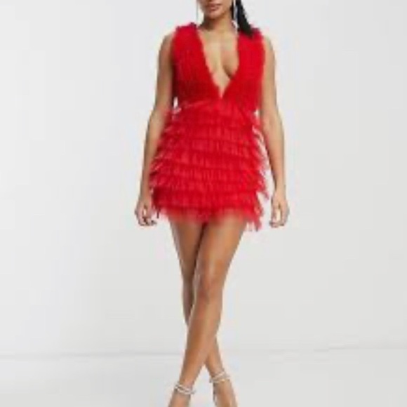 UK Based-Lace & Beads heart cut-out back tulle mini dress in red,Size M-LIKE NEW - Picture 2 of 4